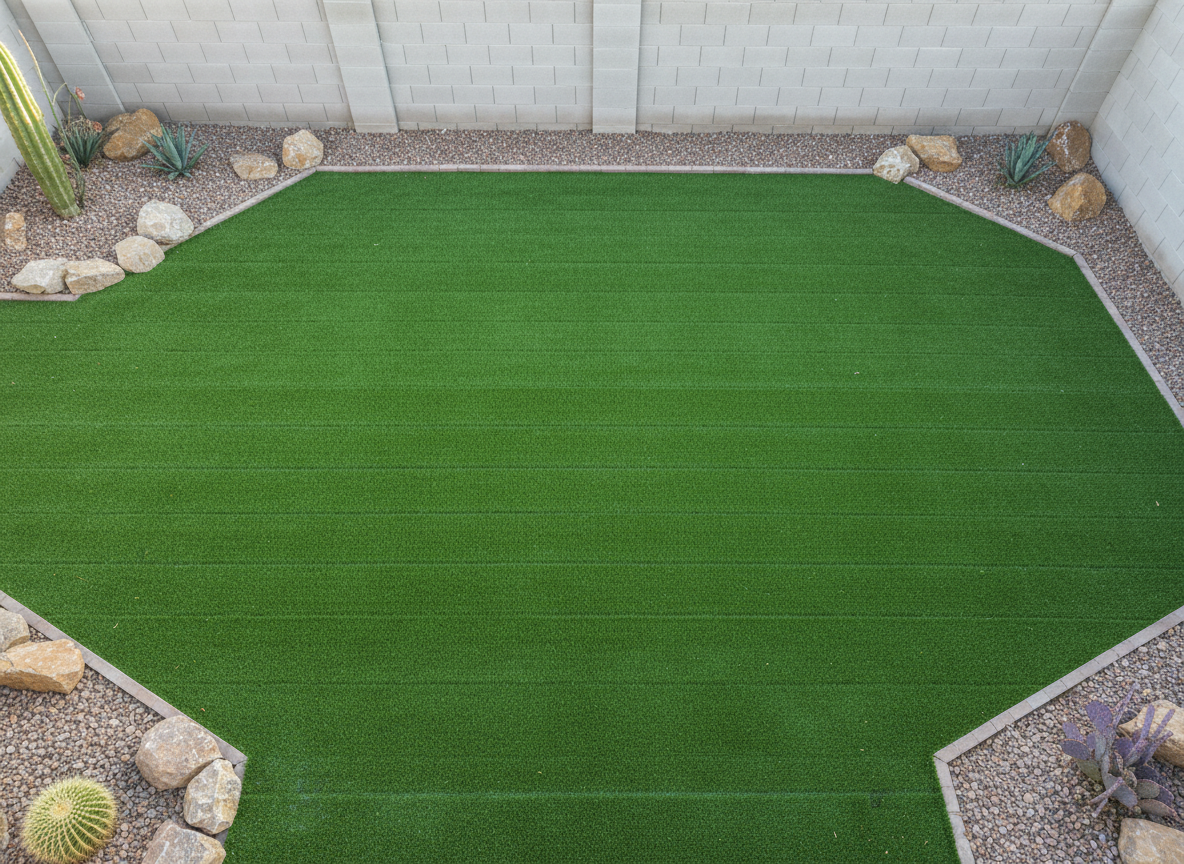 An overhead view of a meticulously cleaned artificial turf lawn designed for pets in an Arizona side yard, the surface flawless with no visible stains or worn patches. Discreet drainage lines and a subtle pattern in the turf fibers hint at advanced odor and bacteria control. Surrounding the lawn are decorative desert rocks, a few drought-tolerant plants, and a simple block wall bathed in soft morning sunlight. Shadows are minimal, creating an even, hygienic look. The wide, top-down photographic composition emphasizes cleanliness and uniformity, suggesting expert pet odor, bacteria, and stain removal while maintaining a professional, locally owned service feel.