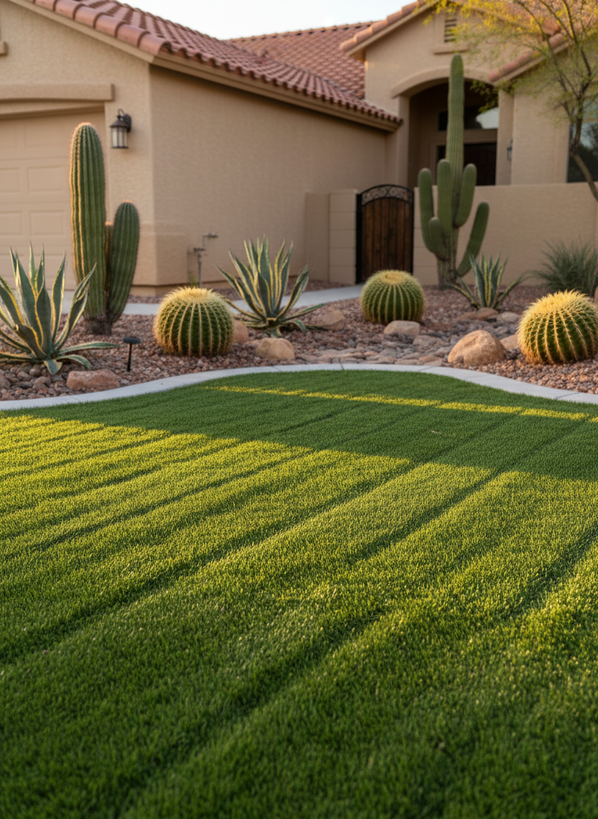 A compact Arizona front yard showcasing restored artificial turf bordered by clean concrete edging and desert landscaping with cacti and agave, freshly groomed with a rich natural green tone.