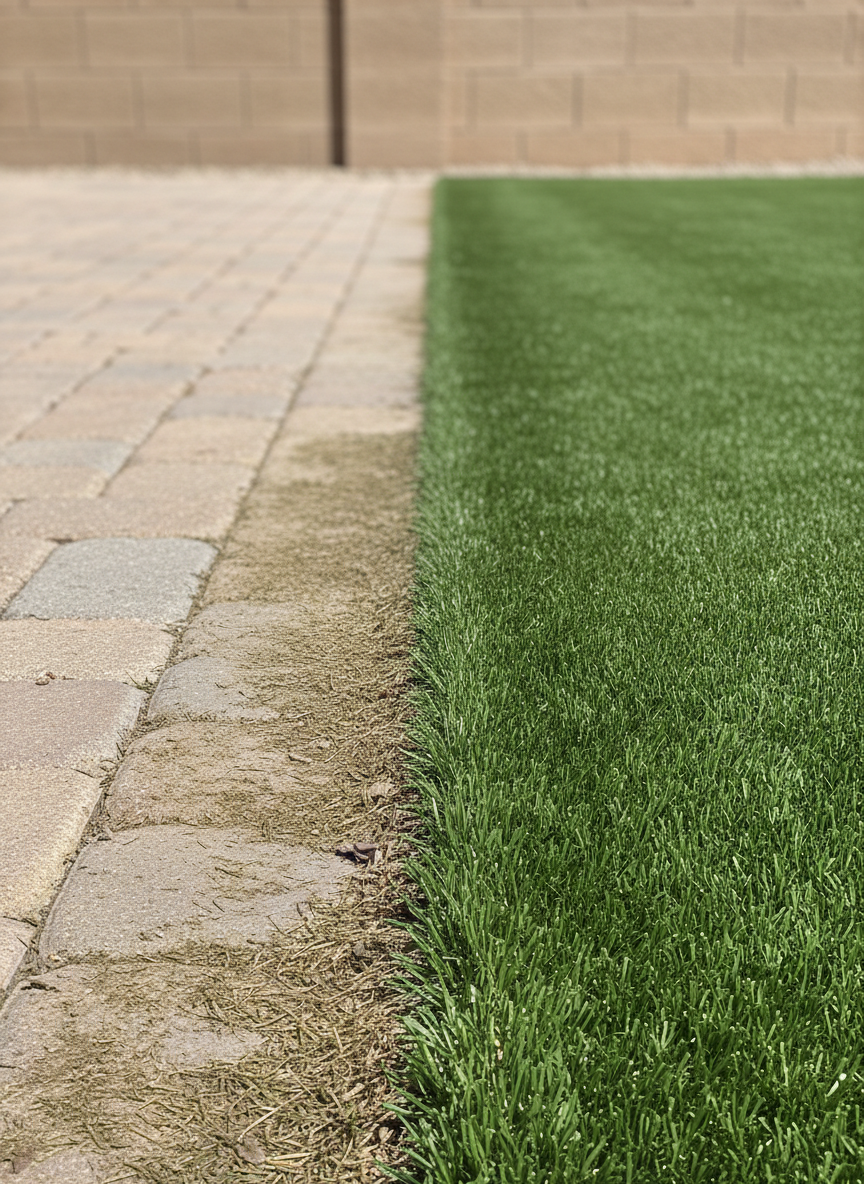 A close-up, side-by-side comparison of artificial turf in an Arizona yard: on the left, dull, matted, stained turf with faint discoloration; on the right, revitalized turf that is vibrant green, lifted, and spotless. The dividing line is perfectly straight, emphasizing the dramatic before-and-after transformation. The setting includes warm-toned paver stones and a stucco wall in the background, softly blurred to suggest a Phoenix backyard. Bright, diffused midday sunlight reveals every detail in photographic realism. Captured from a low, eye-level angle, the composition is clean and professional, conveying expert turf restoration and cleaning services without any people or text in the frame.
