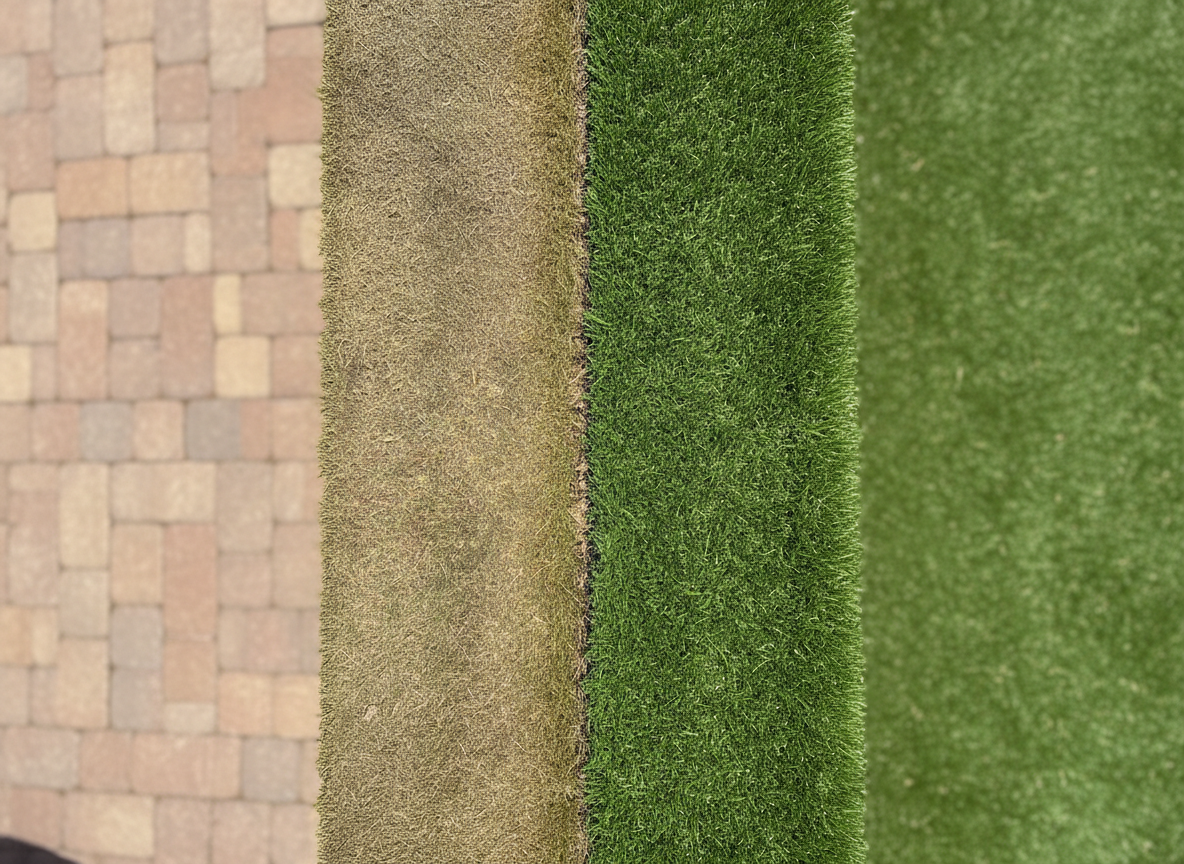 A close-up side-by-side comparison of artificial turf in an Arizona yard showing dull matted stained turf on the left and revitalized vibrant green turf on the right.
