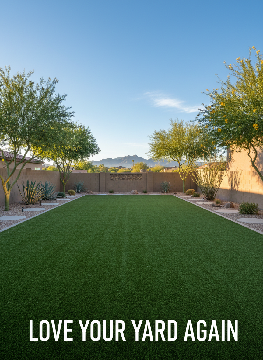 A lush, freshly cleaned artificial turf backyard in an Arizona neighborhood, the deep green blades standing upright with a soft, even texture and no visible debris. The turf fills a modern, stucco-walled yard framed by desert-friendly plants, smooth gravel borders, and a distant view of low mountains under a clear blue sky. Late afternoon natural light casts warm, golden highlights across the turf, emphasizing its cleanliness and uniformity. Shot from a slightly elevated, wide-angle perspective with sharp focus throughout, the composition feels open, inviting, and professional, embodying the promise to “Love Your Yard Again.” Photographic realism with a clean, modern aesthetic suitable for a home-page hero image for a turf cleaning company.