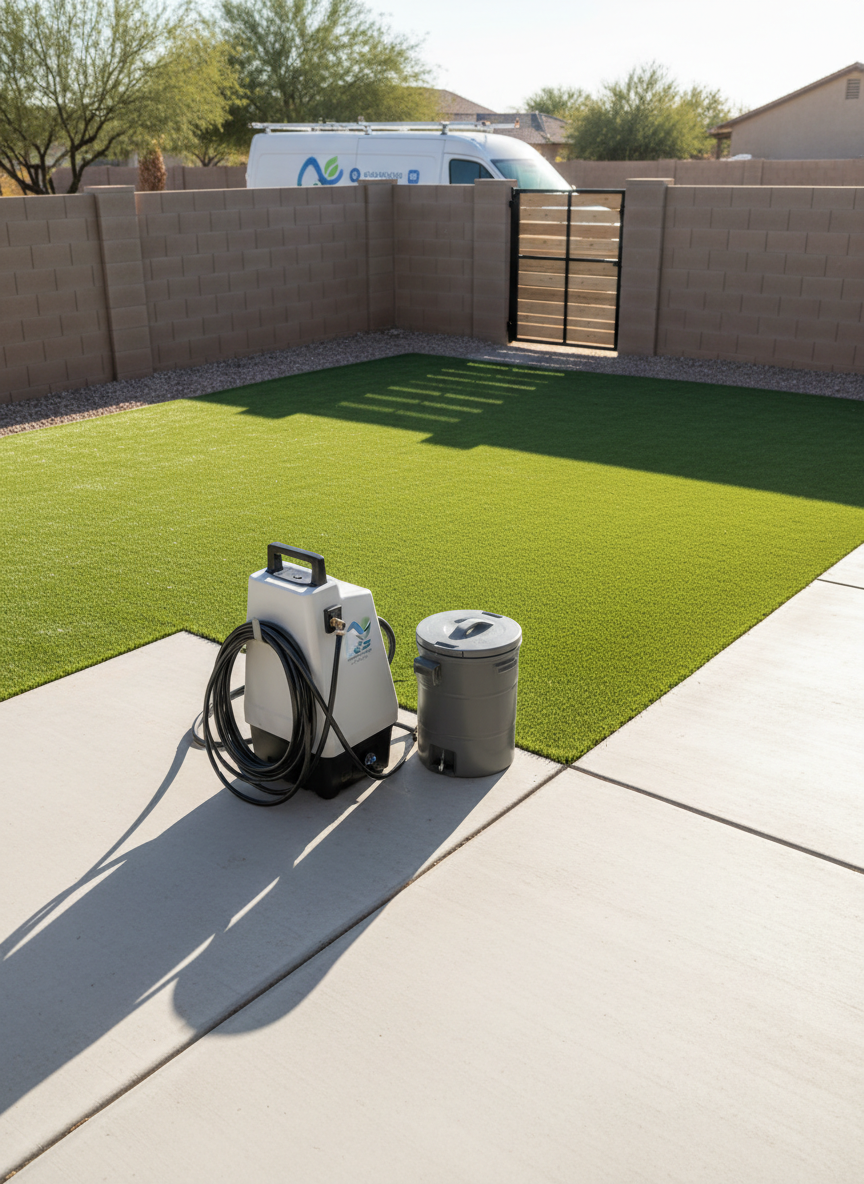 A professional turf cleaning setup in an Arizona backyard, featuring a spotless artificial turf lawn alongside neatly arranged, modern cleaning equipment placed on a small concrete pad: a sleek, hose-connected rinsing unit, a compact, closed waste canister, and a labeled but text-free service van partially visible behind a gate. The turf looks rejuvenated, evenly colored, and free of pet stains. Late morning desert sunlight creates crisp, clear shadows and bright highlights, reinforcing a sense of efficiency and expertise. Captured from a slightly elevated three-quarter angle, the composition is organized and methodical, with photographic realism that emphasizes reliable turf restoration and the ease of booking a quote or appointment, without showing any people.