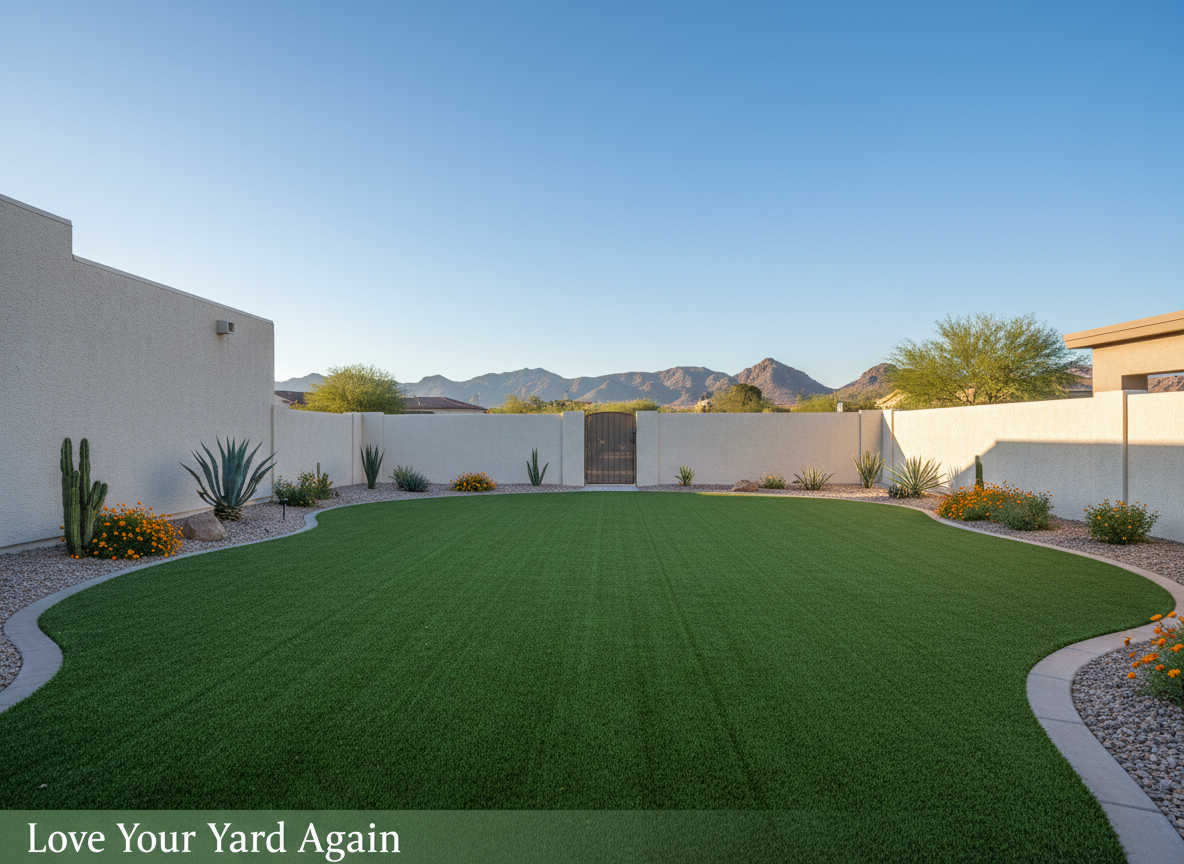 A lush, freshly cleaned artificial turf backyard in an Arizona neighborhood, the deep green blades standing upright with a soft, even texture and no visible debris. The turf fills a modern, stucco-walled yard framed by desert-friendly plants, smooth gravel borders, and a distant view of low mountains under a clear blue sky. Late afternoon natural light casts warm, golden highlights across the turf, emphasizing its cleanliness and uniformity. Shot from a slightly elevated, wide-angle perspective with sharp focus throughout, the composition feels open, inviting, and professional, embodying the promise to “Love Your Yard Again.” Photographic realism with a clean, modern aesthetic suitable for a home-page hero image for a turf cleaning company.