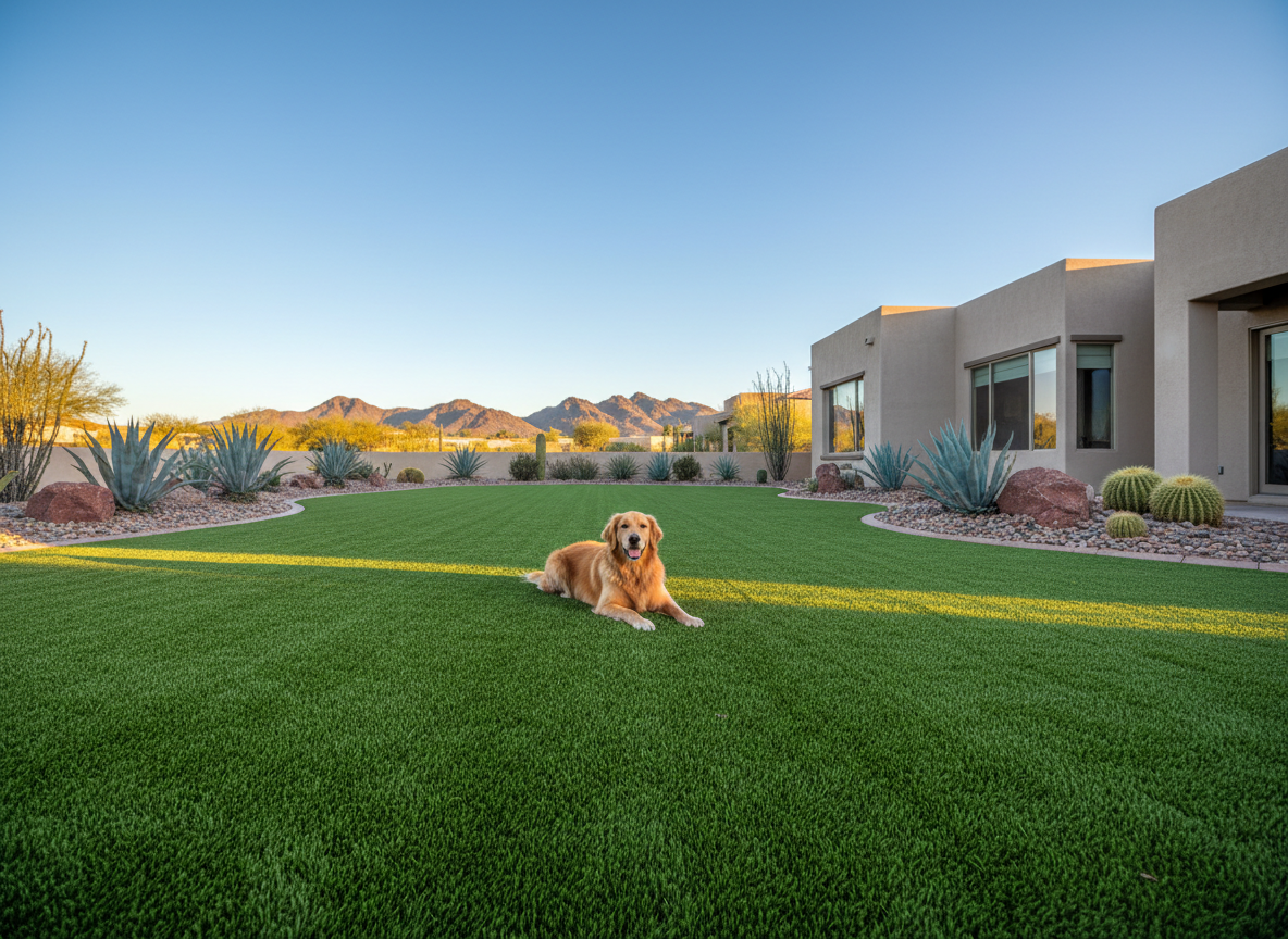 A pristine freshly cleaned artificial turf backyard in Mesa, Arizona with a happy dog resting on the clean green turf, desert landscaping and mountains behind under golden-hour light.